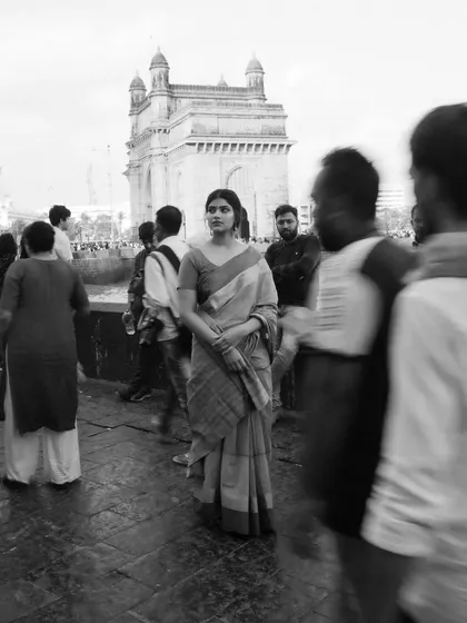 A full series shot around Colaba and CST, blending historic architecture with elegant saree styling. The mix of color and black and white photos shows the versatility of the location and the mood we can create.