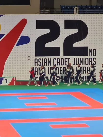 A view of the arena during the opening march at the 22nd Asian Cadet, Juniors and U21 Karate Championship.