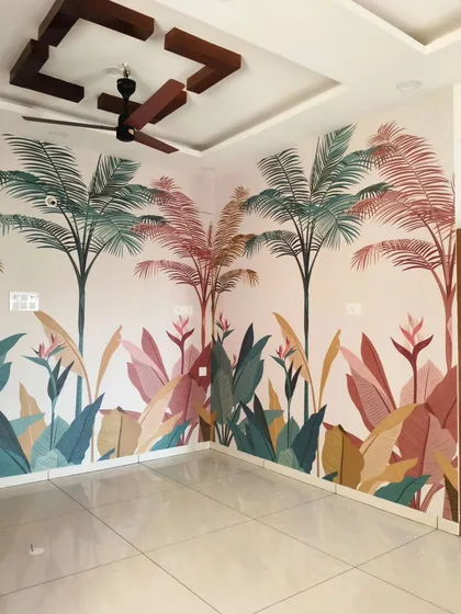 For this spacious room, I used a stylized palm tree mural with a soft color palette. The design adds height and a sense of openness, creating a breezy, coastal vibe that is both modern and relaxing.