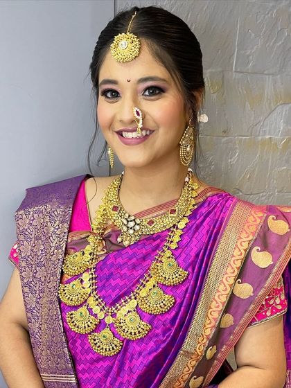 This is the same stunning temple jewellery set, showing how beautifully it pairs with a traditional silk saree for an authentic South Indian bridal look.