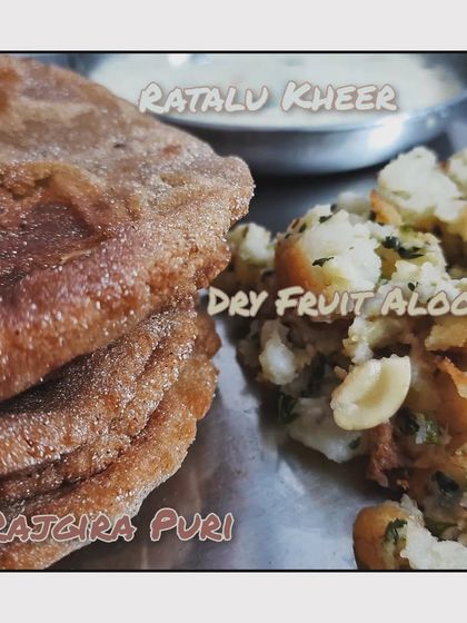 A closer look at some of the delicious items from my Ashadhi Ekadashi vrat menu. The crispy Rajgira Puri pairs perfectly with the Dry Fruit Aloo and sweet Ratalu Kheer.