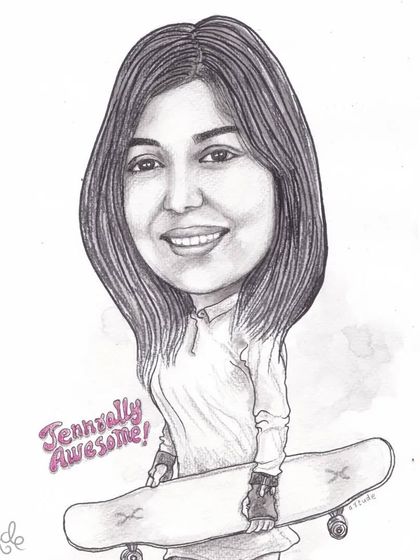 The final black and white drawing of a 'Jennuinely Awesome' skater, a cool and unique gift for a friend.