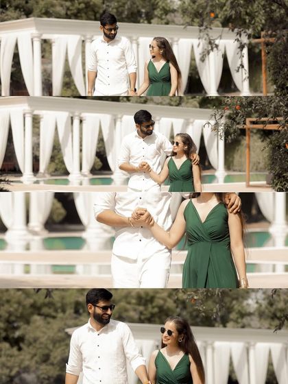 A creative collage using architectural elements to frame the couple. This stylized pre-wedding shot shows our approach to finding unique compositions in any location.