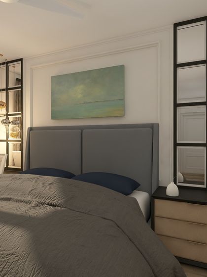 Another view of the elegant bedroom design, showing the beautiful pendant lights reflected in the mirrored panels.
