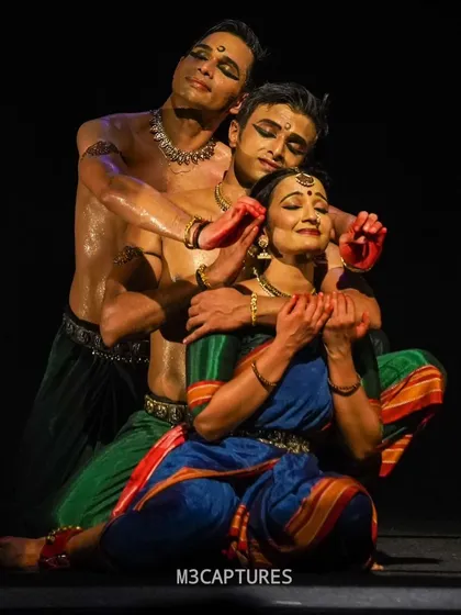 A tender moment from 'Nagamandala'. This highlights the 'sringara' (love) and 'bhakti' (devotion) elements that are often woven into my choreographic narratives.