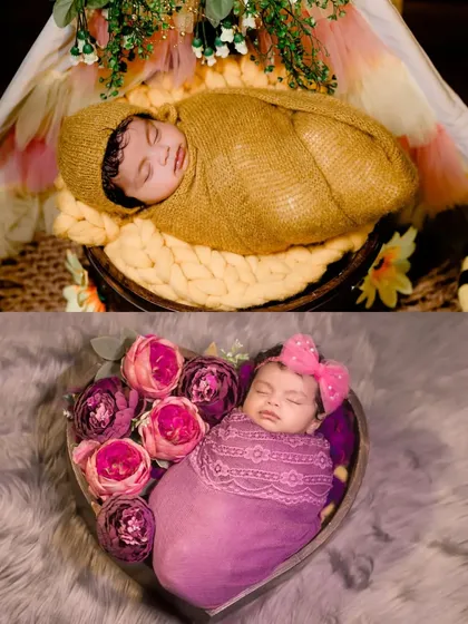 A two-photo collage displaying different newborn wrapping and prop styles, one in a basket and another in a heart-shaped bowl.