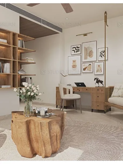 A cozy reading nook in a Varanasi home, featuring a built-in wooden bookshelf, a comfortable swing, and a desk area. The use of natural wood creates a warm, earthy feel.