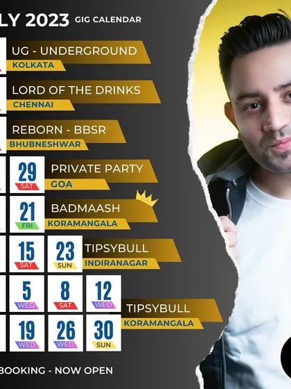 My gig calendar for July 2023. A mix of outstation gigs, private parties, and club residencies.