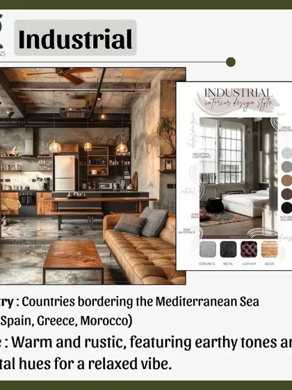 Industrial design takes inspiration from old factories and warehouses. It's characterized by raw, unfinished elements like exposed brick, concrete floors, metal fixtures, and an open-concept layout.
