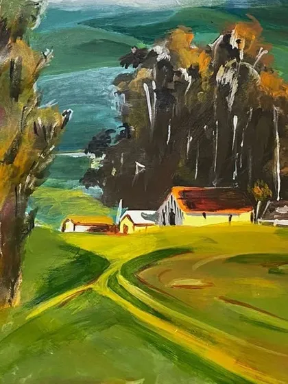 A close-up of a landscape study done during an advanced acrylic painting course. Practice pieces like this are essential for honing skills before starting a final artwork.