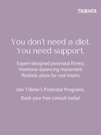 You don't need a diet, you need support. This graphic addresses postpartum weight gain by highlighting our approach: expert designed fitness, hormone balancing movement, and realistic plans for real moms.