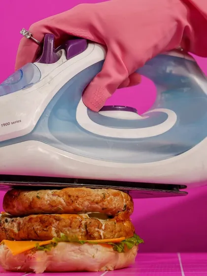 A little weird, a lot of fun. This conceptual shot of an iron pressing a burger is designed to be a scroll-stopper. It's unexpected, humorous, and gets people talking about the brand.