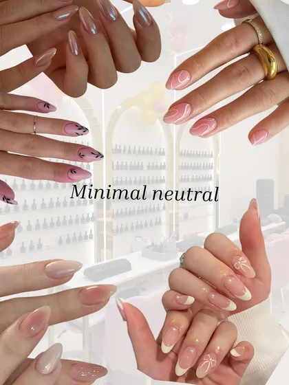 A collage celebrating minimal and neutral nail trends. From simple French tips to delicate bow accents, these designs prove that sometimes, less is more.