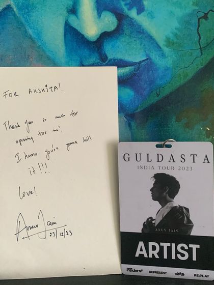 A handwritten note from Anuv Jain and my artist pass for the 'Guldasta' tour. A treasured memory.