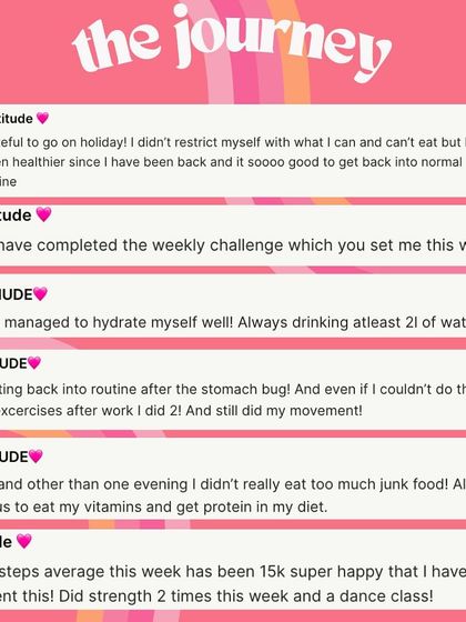 A snapshot of my clients' gratitude check-ins. They're grateful for getting back into a routine, staying hydrated, and being consistent with their steps and workouts.