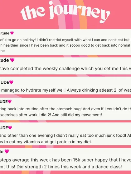 A snapshot of my clients' gratitude check-ins. They're grateful for getting back into a routine, staying hydrated, and being consistent with their steps and workouts.