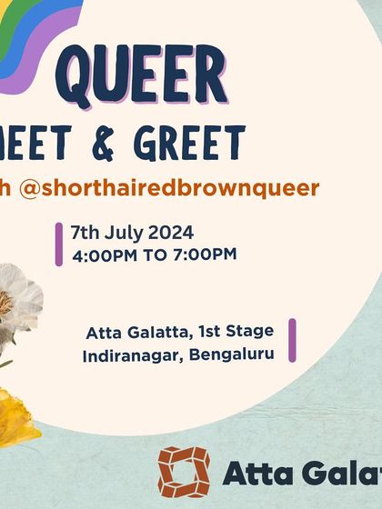 Poster for a 'Queer Meet & Greet' to celebrate community and connection.