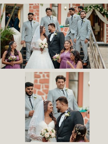 The happy couple with their bridesmaids and groomsmen, a fun and joyful portrait capturing the energy of their bridal party.