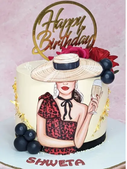 An elegant cake for a stylish woman. This fresh mango cake features a chic illustration, fresh roses, and a "Happy Birthday" topper.