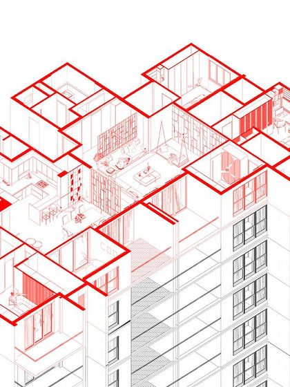 This axonometric sectional view provides a 3D cutaway of an apartment building, highlighting the interior layout of a single unit. It's a technical drawing that helps visualize the space in three dimensions.