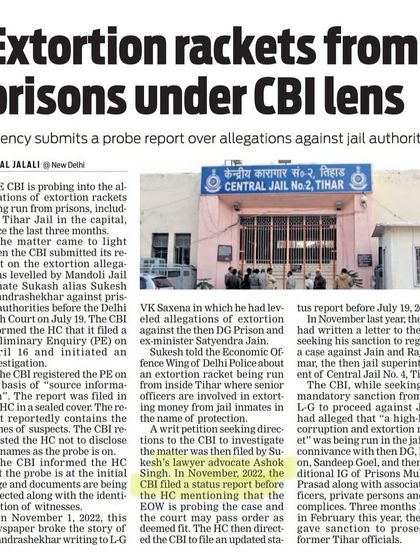 A news report on the CBI's investigation into extortion rackets allegedly run from Tihar jail, a case where I filed a petition seeking a CBI probe.