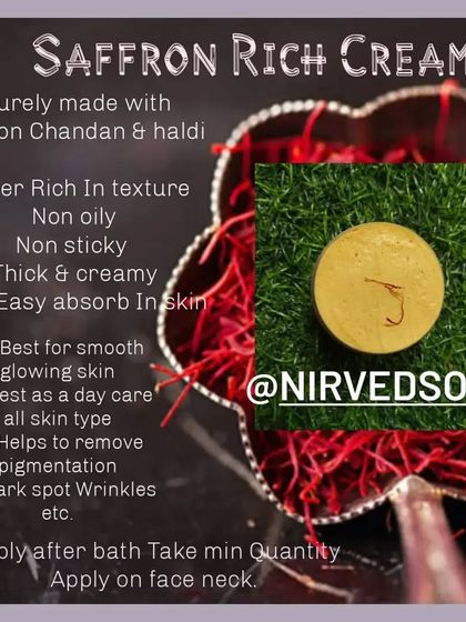 This is my Saffron Rich Cream, made with Saffron, Chandan, and Haldi. It has a non-oily, creamy texture that absorbs easily and is best for achieving smooth, glowing skin.