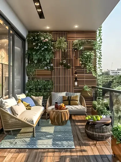 We transformed this apartment balcony into a lush green oasis. Featuring a vertical garden, comfortable seating, and natural wood elements, it's the perfect urban retreat for relaxing and unwinding.