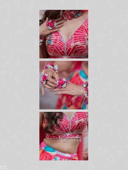 A collage highlighting the intricate details of the bride's floral jewelry and colorful outfit for her Haldi ceremony.