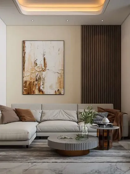 This is a proposed 3D view for a client's drawing room. While our specialty is landscape design, our visualization services can extend to interiors to ensure a cohesive look between indoor and outdoor spaces.