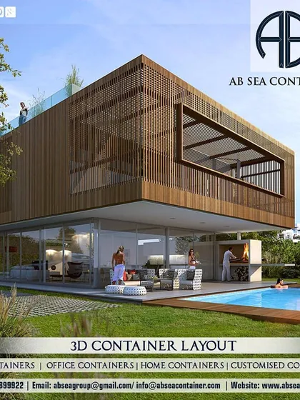 This 3D render showcases a modern, two-story container home with wood cladding and a rooftop terrace. The design seamlessly blends industrial materials with natural textures for a sophisticated look.