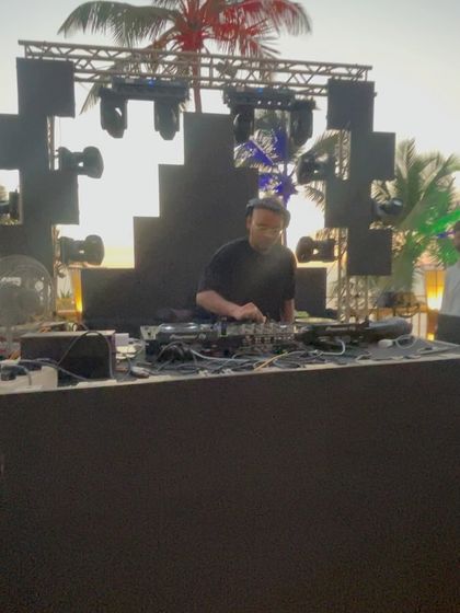 A wide shot of my setup at an outdoor New Year's Eve party. I'm equipped to handle large, open-air venues and deliver a sound that carries across a big space.