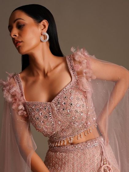 A detailed shot of this modern light pink lehenga blouse. The feather details on the shoulders and intricate beadwork make it a unique and stylish choice.