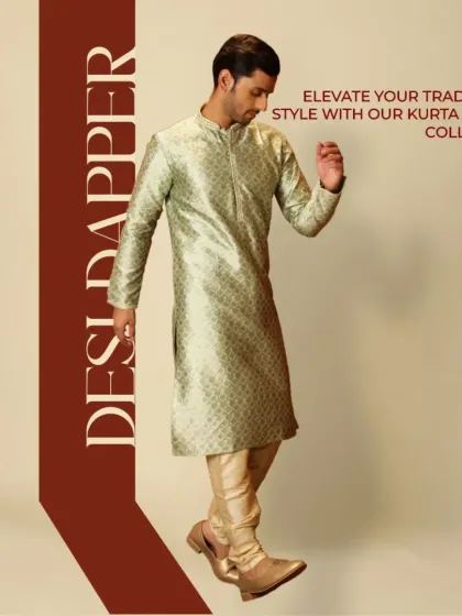 Desi Dapper. Elevate your traditional style with our kurta pajama collection. This light green printed silk kurta is a perfect example of timeless charm.
