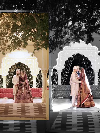 A creative black and white edit of the couple's portrait, highlighting their pose against the decorated arches.