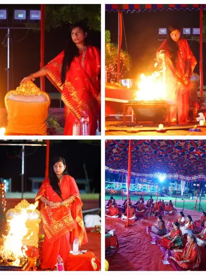 A collage from our Fire Meditation event, showing Maa Aditiji near the sacred fire. The images capture the deep reverence and focused energy required to conduct this powerful spiritual practice.