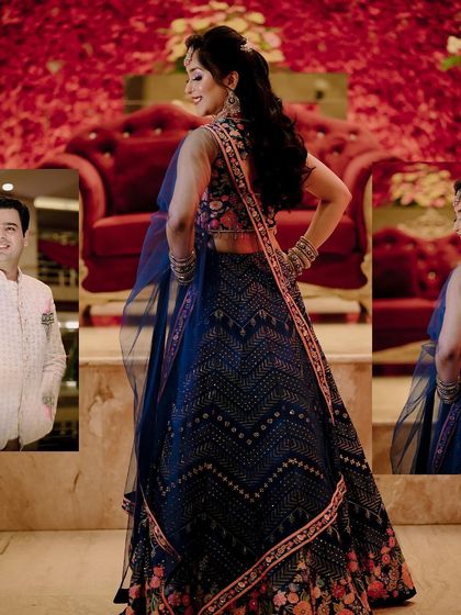 A creative collage showing the bride from different perspectives against the grand red decor.