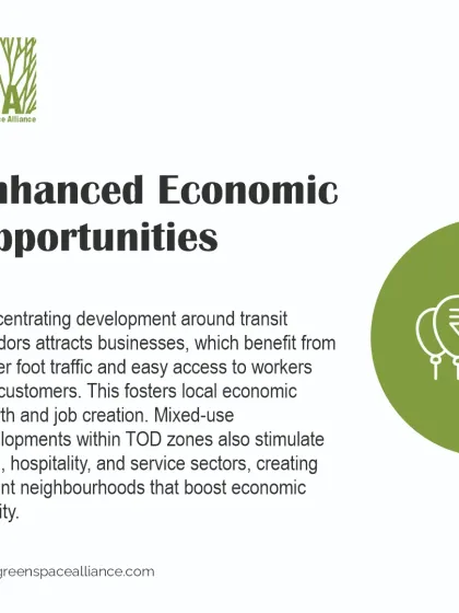 An infographic explaining how TOD creates enhanced economic opportunities. By concentrating development around transit corridors, we help attract businesses and stimulate local retail, hospitality, and service sectors, creating vibrant, economically active neighborhoods.