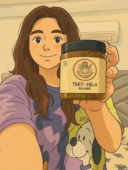 A cute, anime-style selfie of a girl with her dog and a jar of our Teet/Dela Achaar.
