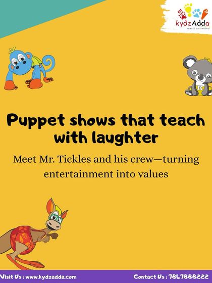 A graphic featuring our podcast guest, a puppeteer who uses stories and laughter to teach values.
