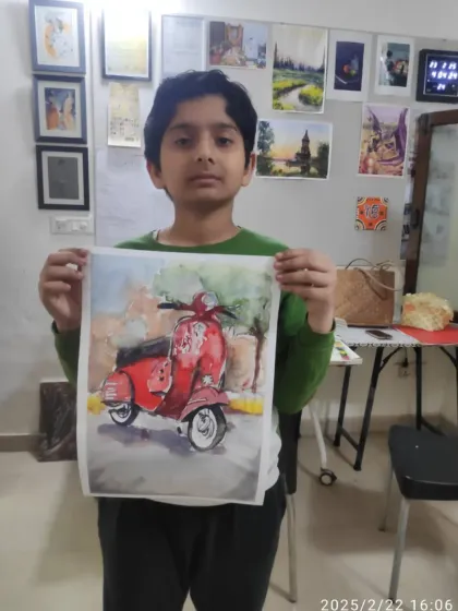 Another fantastic scooter painting from our vehicle study class. This student focused on realistic details and shading to make the red Vespa pop.