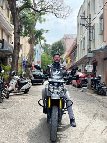 Our rider and his custom Dominar, a common sight in the biking hubs of Bengaluru.