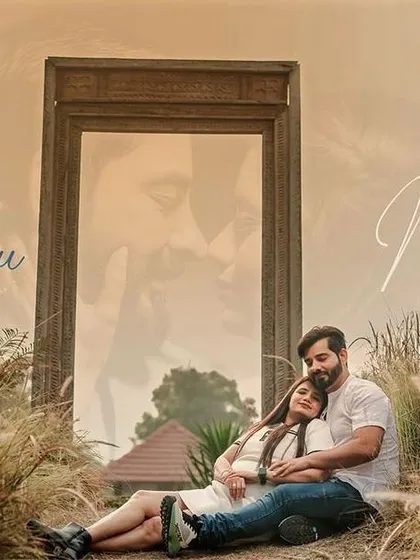 For this pre-wedding photo, I created a composite image to add a dreamy, artistic touch. The couple is relaxing in a field of tall grass, with their names elegantly scripted and a faint reflection of another intimate moment, telling a deeper story of their connection.