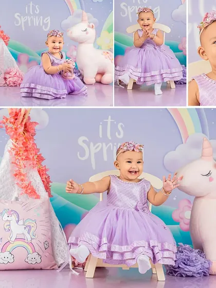 A collage of a magical unicorn-themed photoshoot, showing different poses and the pure joy of the birthday girl.