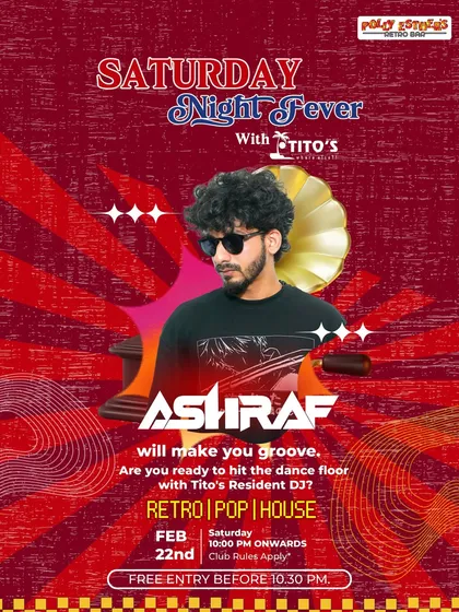 The official event poster for a "Saturday Night Fever" party where I was the featured resident DJ. I am experienced in performing for themed nights, including Retro, Pop, and House music sets.