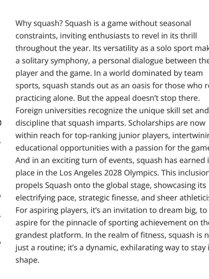 The Bharat Bytes explains why squash is a great choice: it's a year-round sport, offers scholarships to foreign universities, and is now part of the 2028 Olympics.