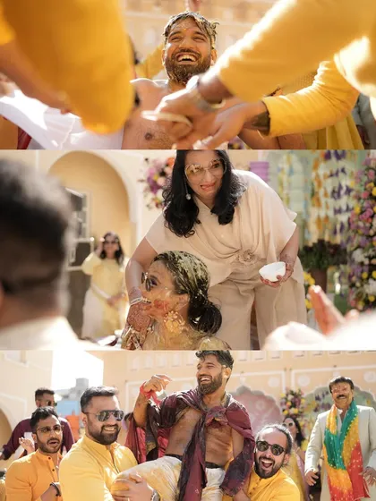 A collage showing the fun and messy moments of Vedika and Shubhang's Haldi ceremony, with friends and family enthusiastically participating in the rituals.
