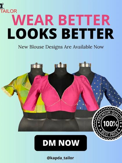 Wear better, looks better. This graphic showcases three of our new blouse designs, from a collared green piece to a vibrant pink V-neck.