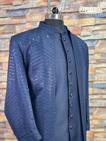 Another view of our popular navy blue sherwani, showcasing its versatile and elegant design suitable for any wedding function.