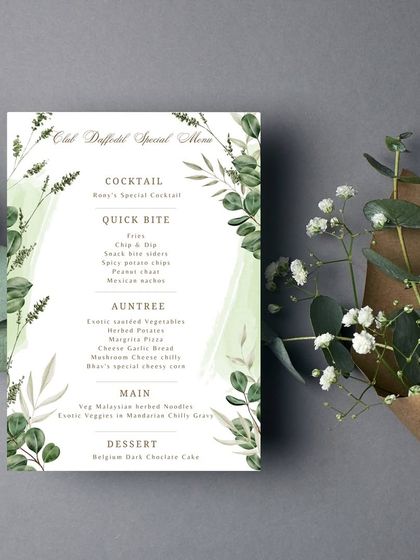 An elegant menu card for a special farewell dinner. The design uses a simple yet sophisticated greenery theme to outline the delicious courses, adding a touch of class to the event.