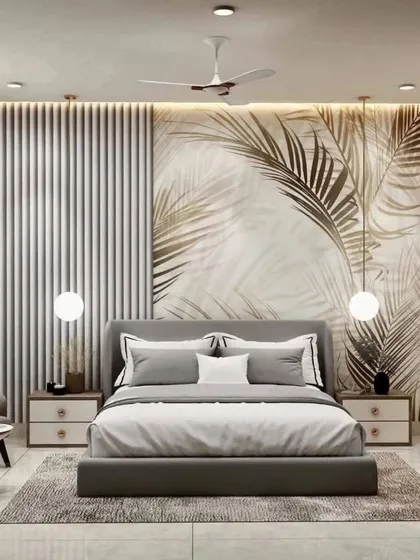 A modern bedroom design from a 3D render, featuring a combination of fluted wood panels and a large, gold-toned botanical wallpaper. The pendant lights and clean lines add to the sophisticated, contemporary look.